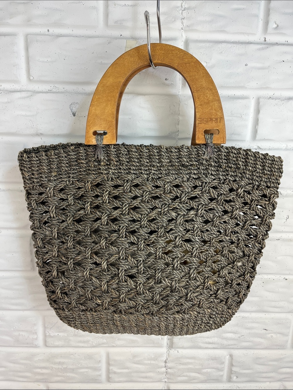 ESPRIT Y2K VINTAGE OPEN WEAVE CROCHET BAG TOTE WITH WOOD HANDLES